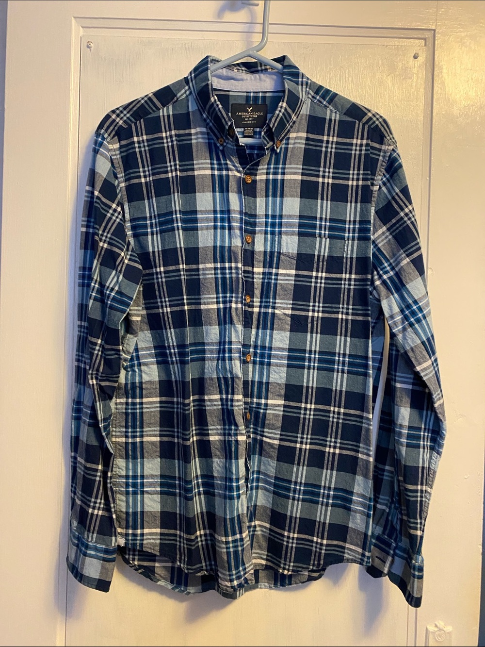 American Eagle Outfitters Blue and Navy Plaid Button-Down Shirt